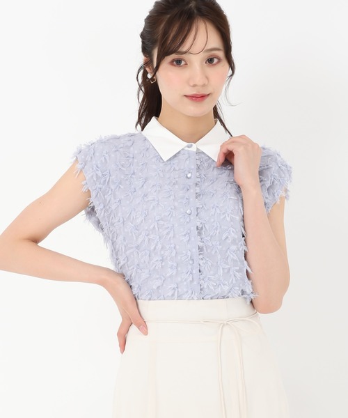 セール】2025春夏新作 襟付きフリンジリボンチュールブラウス
