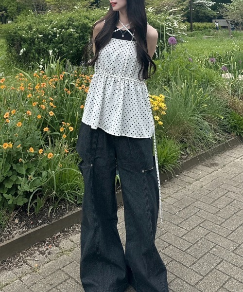 nemne store バックリボンサイドカットワイドデニム ブラック バックリボンサイドカットワイドデニム（デニムパンツ）｜nemne