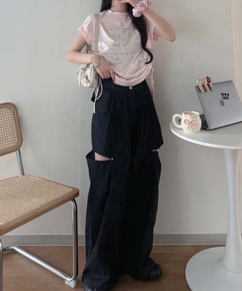 nemne store バックリボンサイドカットワイドデニム ブラック バックリボンサイドカットワイドデニム（デニムパンツ）｜nemne