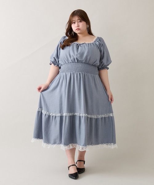 大きいサイズ】レースティアードパフスリーブワンピ（ワンピース