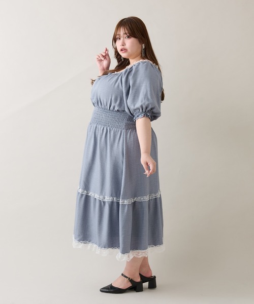 ルオシー louiosy レースティアードパフスリーブワンピ LL 大きいサイズ】レースティアードパフスリーブワンピ（ワンピース