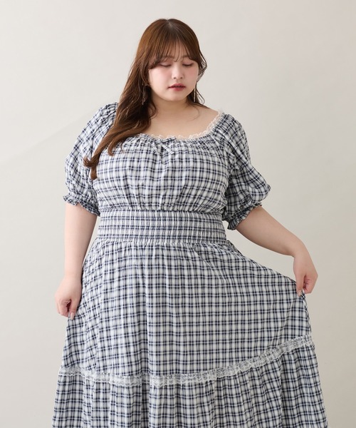 ルオシー louiosy レースティアードパフスリーブワンピ LL Louiosy ワンピース 「大きいサイズ」レースティアード