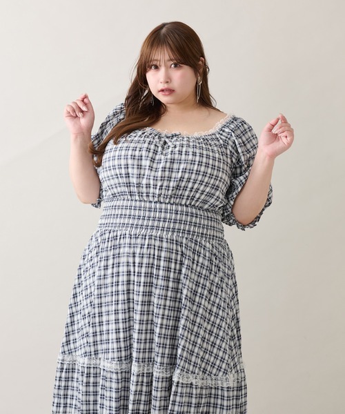 ルオシー louiosy レースティアードパフスリーブワンピ LL 大きいサイズ】レースティアードパフスリーブワンピ（ワンピース