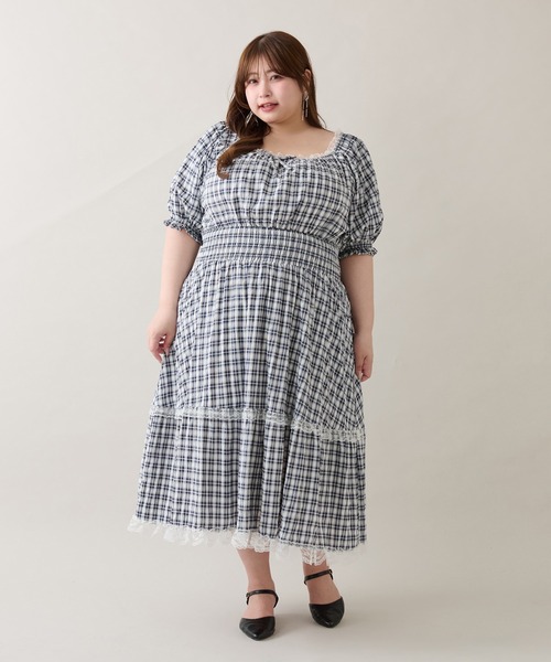 ルオシー louiosy レースティアードパフスリーブワンピ LL 大きいサイズ】レースティアードパフスリーブワンピ(ワンピース