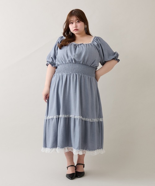 ルオシー louiosy レースティアードパフスリーブワンピ LL 大きいサイズ】レースティアードパフスリーブワンピ（ワンピース