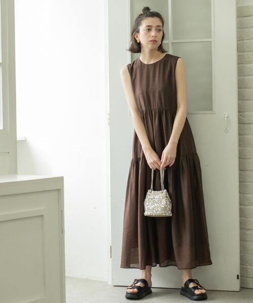 セール】麻混シアーギャザーティアードワンピース【洗濯機洗い可