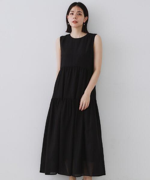 セール】麻混シアーギャザーティアードワンピース【洗濯機洗い可