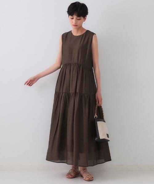 セール】麻混シアーギャザーティアードワンピース【洗濯機洗い可