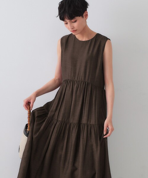 セール】麻混シアーギャザーティアードワンピース【洗濯機洗い可