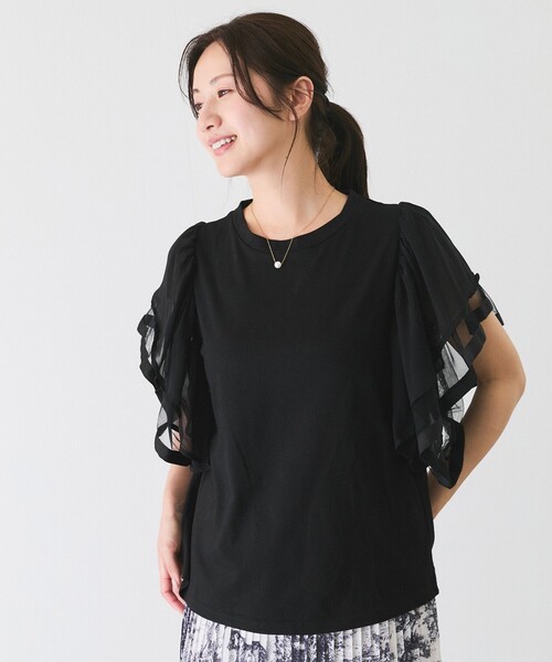 Jayro(ジャイロ)の「テープ付フレンチ袖プルオーバー(Tシャツ/カットソー・レディース・ブラック/ホワイト・FREE)」の4枚目の写真