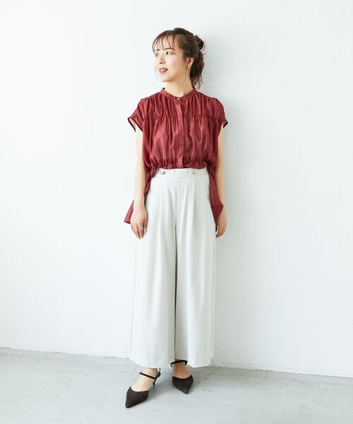 程よいシアー感》シャーリングギャザーフレンチブラウス（シャツ