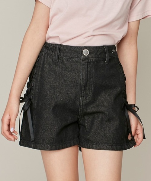 JENNI love（ジェニィラブ）の「【ウエスト調整可・コットン100％】サイドレースアップデニムショーパン（デニムパンツ・キッズ・サックスブルー/ブラック・130cm/140cm/150cm/160cm）」の2枚目の写真