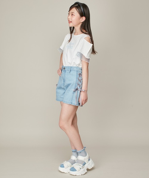 JENNI love（ジェニィラブ）の「【ウエスト調整可・コットン100％】サイドレースアップデニムショーパン（デニムパンツ・キッズ・サックスブルー/ブラック・130cm/140cm/150cm/160cm）」の3枚目の写真