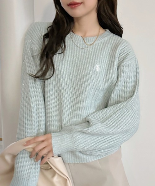 U.S. POLO ASSN.（ユーエスポロアッスン）の「【U.S. POLO ASSN】クルーネック ボリュームスリーブ ラメ シャイニーニット（ニット/セーター・レディース・アイボリー/グレー/グリーン・M/L）」の3枚目の写真