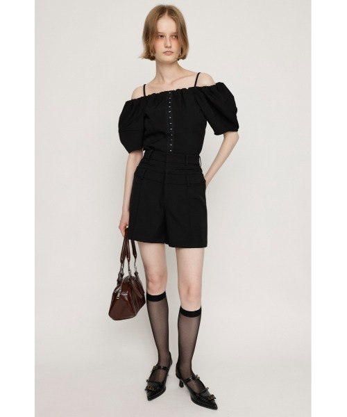 SLY(スライ)の「H/W LAYERD S/PT ハイウエスト レイヤード ショートパンツ 夏服 秋服(スラックス・レディース・ブラック/マルチ・1/2)」の4枚目の写真
