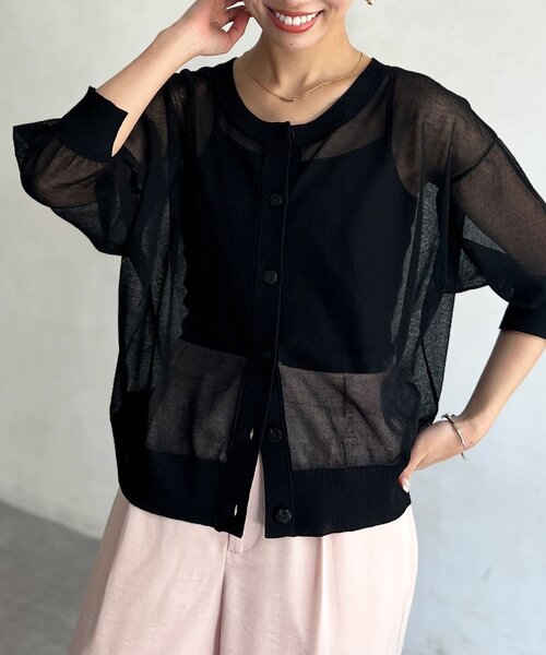 Chez toi（シェトワ）の「前後2WAYシアーニットカーデ（カーディガン/ボレロ・レディース・ブラウン/ブルー/ブラック・FREE）」の2枚目の写真