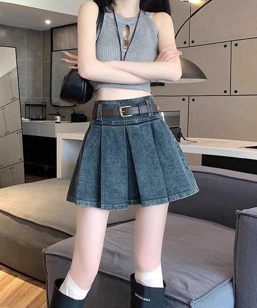 セール】BOXプリーツ デニムミニスカート（デニムスカート）｜meJane