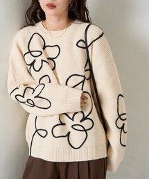 ニット セーター ボタニカルスケッチ ニットセーター レディース ニット/セーター（ベージュ系・花柄・ボタニカル柄