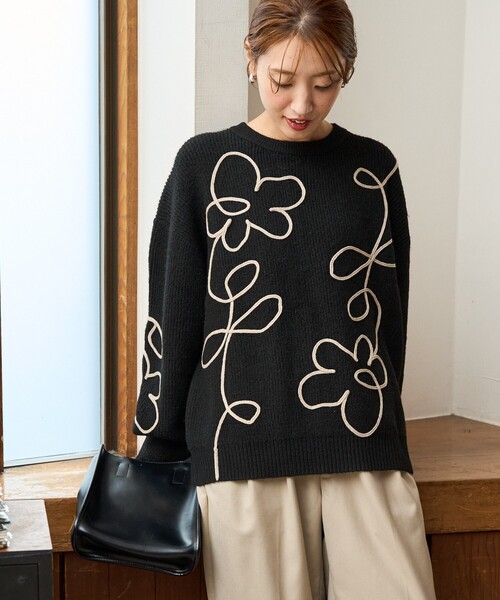 FREAK'S STORE(フリークスストア)の「限定展開 コード 刺繍 花柄 ニット プルオーバー(ニット/セーター・レディース・ブラウン/ブラック/ナチュラル/杢グレー・フリ-)」の1枚目の写真