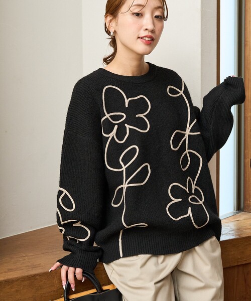 FREAK'S STORE(フリークスストア)の「限定展開 コード 刺繍 花柄 ニット プルオーバー(ニット/セーター・レディース・ブラウン/ブラック/ナチュラル/杢グレー・フリ-)」の10枚目の写真