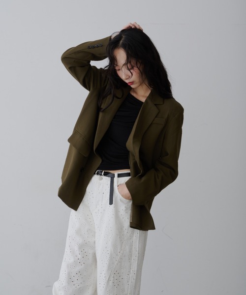 NUJOH（ヌゾ）の「Manish Tailor Jacket / マニッシュ テイラー ジャケット（テーラードジャケット・レディース・カーキ/ブラック・LARGE/MEDIUM）」の2枚目の写真