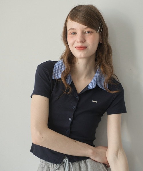 Birthday room（バースデイルーム）の「プレート付襟付きトップス/Plate-attached collared top（Tシャツ/カットソー・レディース・ネイビー/グレー・FREE）」の3枚目の写真