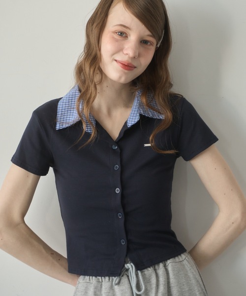 Birthday room（バースデイルーム）の「プレート付襟付きトップス/Plate-attached collared top（Tシャツ/カットソー・レディース・ネイビー/グレー・FREE）」の4枚目の写真