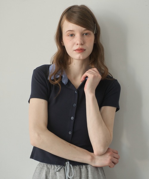 Birthday room（バースデイルーム）の「プレート付襟付きトップス/Plate-attached collared top（Tシャツ/カットソー・レディース・ネイビー/グレー・FREE）」の5枚目の写真