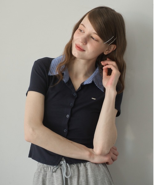 Birthday room（バースデイルーム）の「プレート付襟付きトップス/Plate-attached collared top（Tシャツ/カットソー・レディース・ネイビー/グレー・FREE）」の6枚目の写真