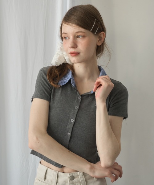 Birthday room（バースデイルーム）の「プレート付襟付きトップス/Plate-attached collared top（Tシャツ/カットソー・レディース・ネイビー/グレー・FREE）」の9枚目の写真