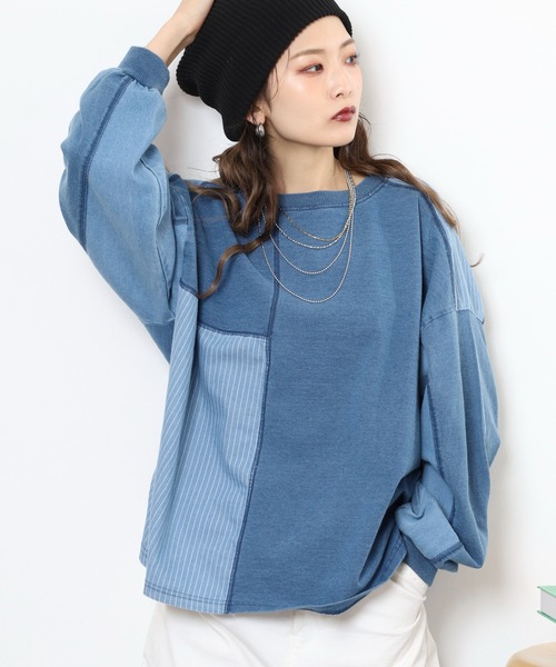 セール】myke インディゴ裏毛パッチワークプルオーバー