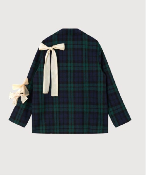 LA POMME petit（ラポミ・プチ）の「Ribbon Attacked Check Coat（テーラードジャケット・レディース・グリーン・SMALL/MEDIUM）」の2枚目の写真