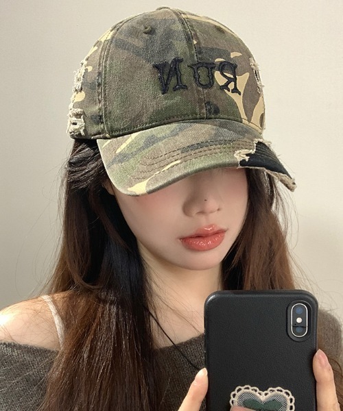 SHEPP（シープ）の「フロントロゴカモフラダメージキャップ（キャップ・レディース・グリーン/ブラック・F）」の3枚目の写真