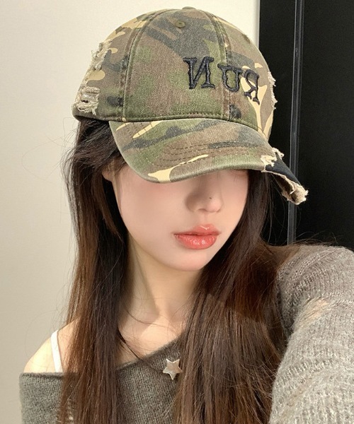 SHEPP（シープ）の「フロントロゴカモフラダメージキャップ（キャップ・レディース・グリーン/ブラック・F）」の5枚目の写真