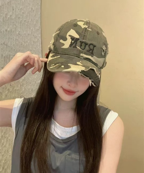 SHEPP（シープ）の「フロントロゴカモフラダメージキャップ（キャップ・レディース・グリーン/ブラック・F）」の6枚目の写真