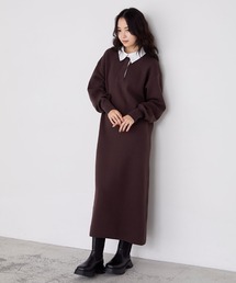 【forksy.】バイカラー衿付きスウェットライクニットワンピースブラウン