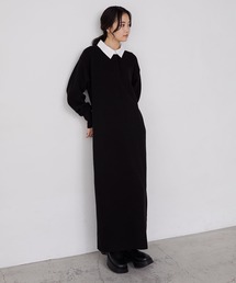 【forksy.】バイカラー衿付きスウェットライクニットワンピースブラック