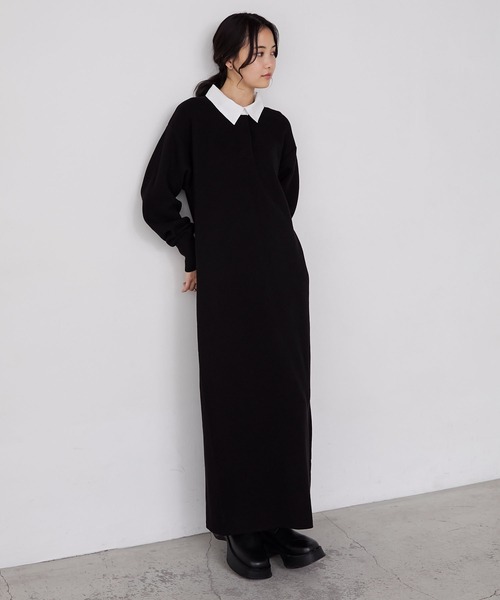 【forksy.】バイカラー衿付きスウェットライクニットワンピース