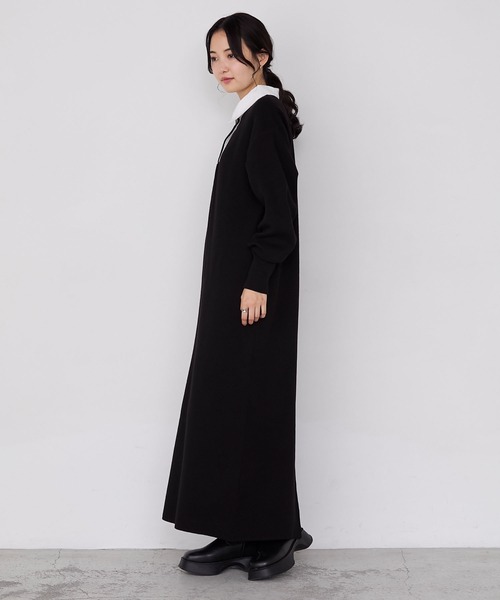 forksy.】バイカラー衿付きスウェットライクニットワンピース forksy