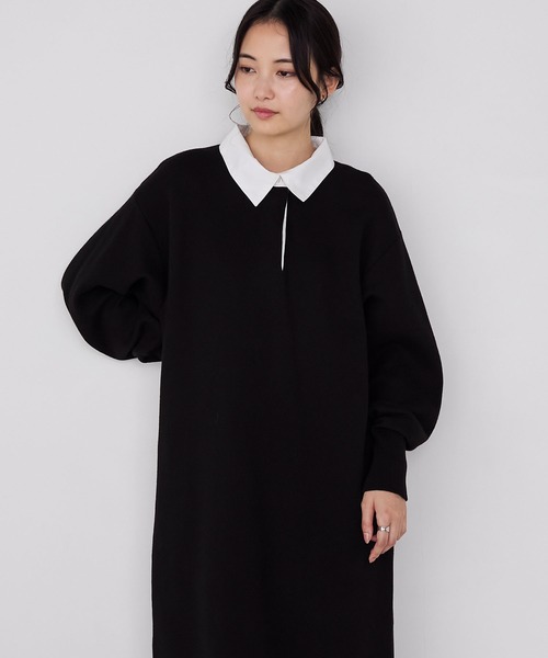 forksy.】バイカラー衿付きスウェットライクニットワンピース forksy