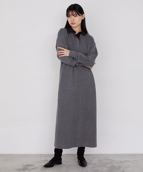 forksy.】バイカラー衿付きスウェットライクニットワンピース forksy