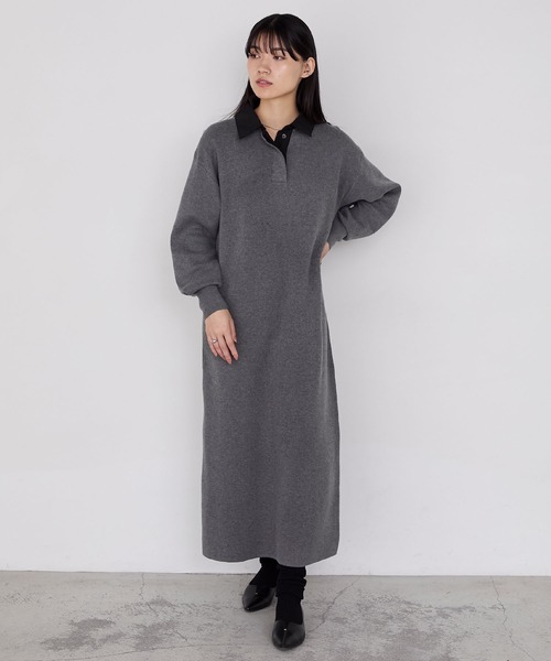 forksy.】バイカラー衿付きスウェットライクニットワンピース forksy