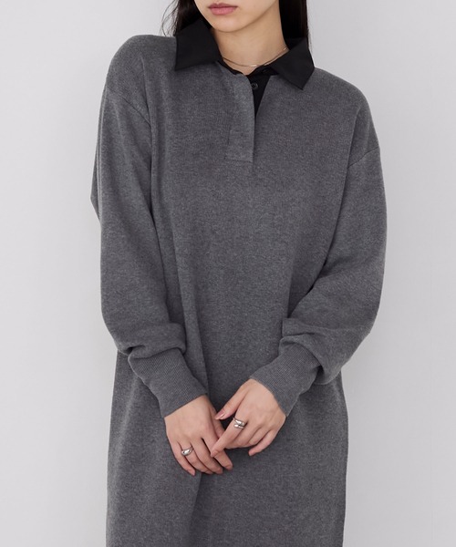 forksy.】バイカラー衿付きスウェットライクニットワンピース forksy