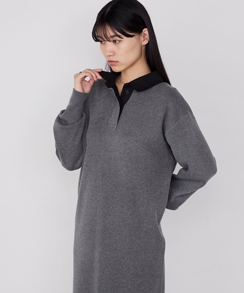 forksy.】バイカラー衿付きスウェットライクニットワンピース forksy