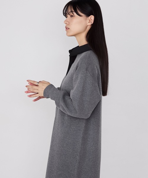 forksy.】バイカラー衿付きスウェットライクニットワンピース forksy