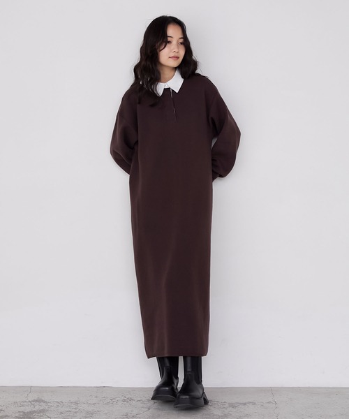 forksy.】バイカラー衿付きスウェットライクニットワンピース forksy