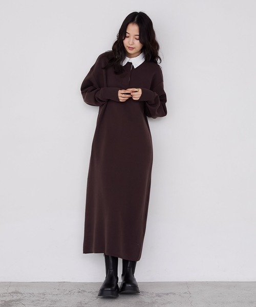 forksy.】バイカラー衿付きスウェットライクニットワンピース forksy