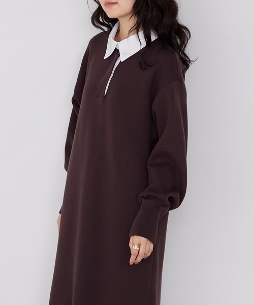 forksy.】バイカラー衿付きスウェットライクニットワンピース forksy