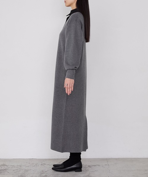 forksy.】バイカラー衿付きスウェットライクニットワンピース forksy