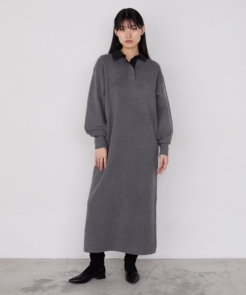 forksy.】バイカラー衿付きスウェットライクニットワンピース forksy